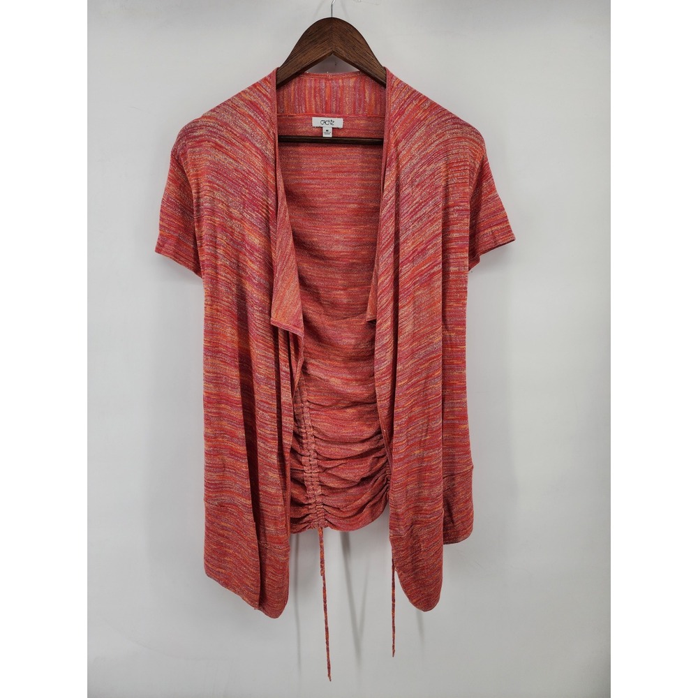 Cache Metallic Space Dye Ruched Drawstring Short Sleeve Cardigan Top Orange M